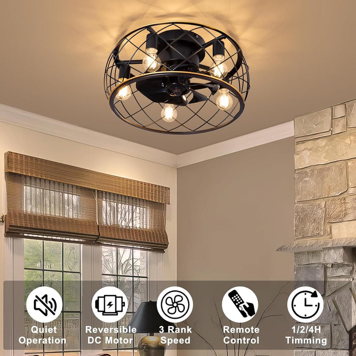 20 in. Flush Mount Low Profile Ceiling Fan with Light Fixture for Kitchen Bedroom, Farmhouse Caged Ceiling Fan with Light and Remote-2-ErisView