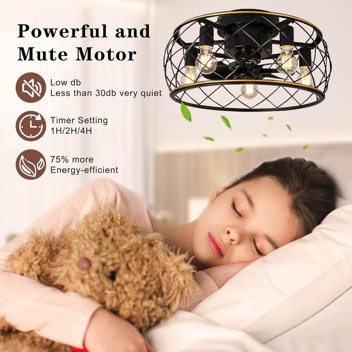 20 in. Flush Mount Low Profile Ceiling Fan with Light Fixture for Kitchen Bedroom, Farmhouse Caged Ceiling Fan with Light and Remote-5-ErisView