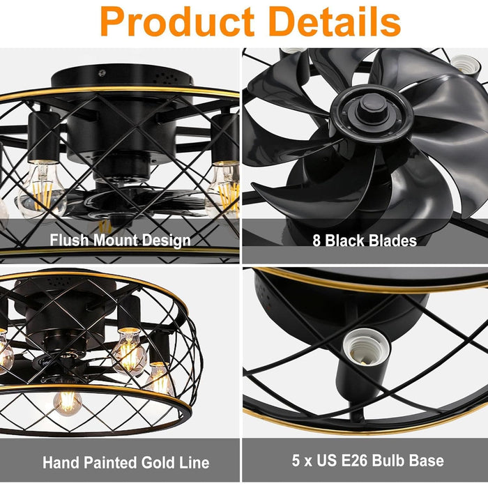 20 in. Flush Mount Low Profile Ceiling Fan with Light Fixture for Kitchen Bedroom, Farmhouse Caged Ceiling Fan with Light and Remote-7-ErisView