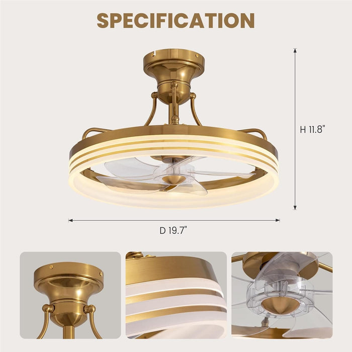 20 in. Gold Remote Control Ceiling Fan and Light, Low Profile Flush Mount Fandelier, LED Modern Ceiling Fan for Living Room Kitchen-7-ErisView