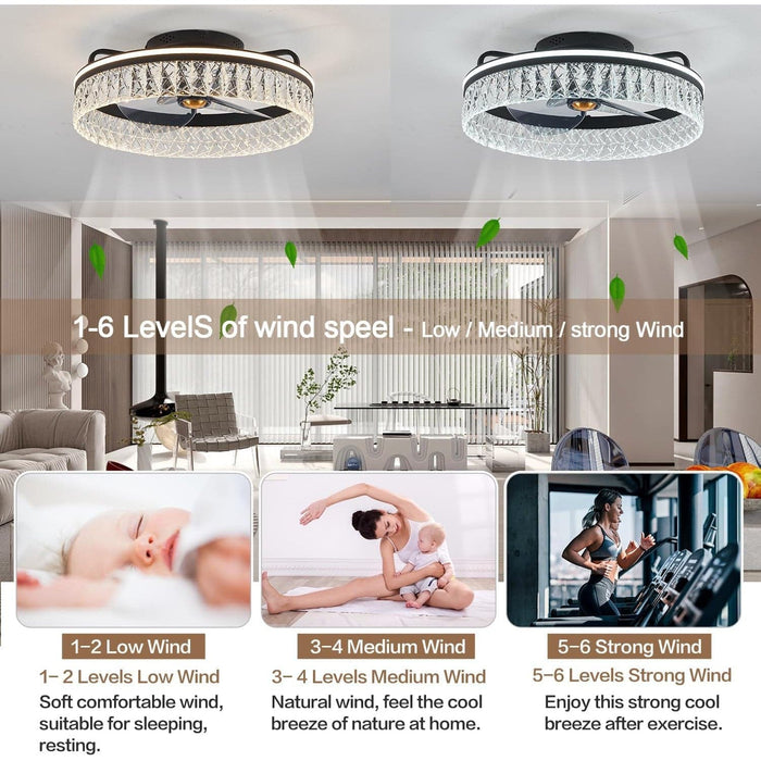 20 in. LED Dimmable Bladeless Ceiling Fan with Light and Remote Control, Crystal Low Profile Ceiling Fan, Modern Flush Mount Enclosed Ceiling Fan-3-ErisView