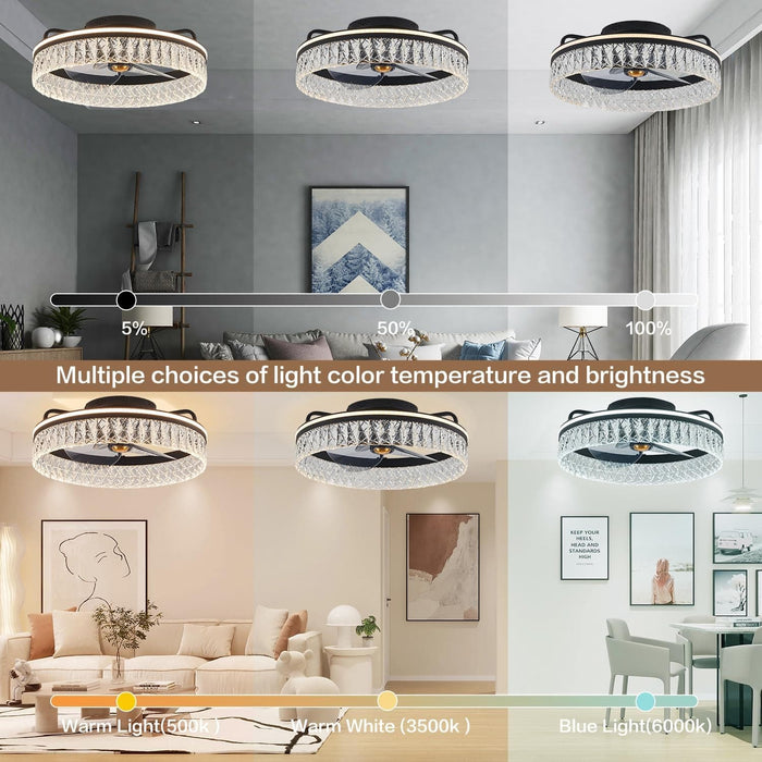 20 in. LED Dimmable Bladeless Ceiling Fan with Light and Remote Control, Crystal Low Profile Ceiling Fan, Modern Flush Mount Enclosed Ceiling Fan-4-ErisView