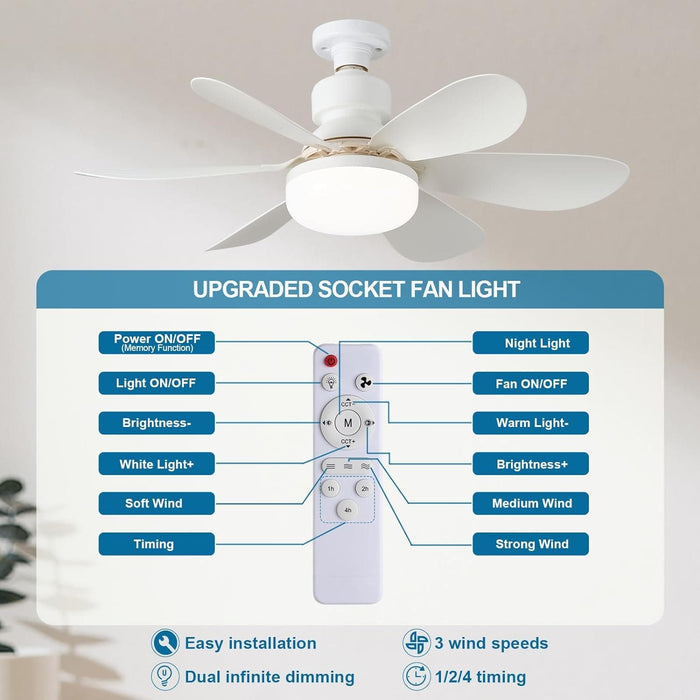 20 in. Light Socket Fan with Lights and Remote, Dimmable LED Cordless Light Socket Fan for Kitchen Bedroom Garage Small Room-2-ErisView