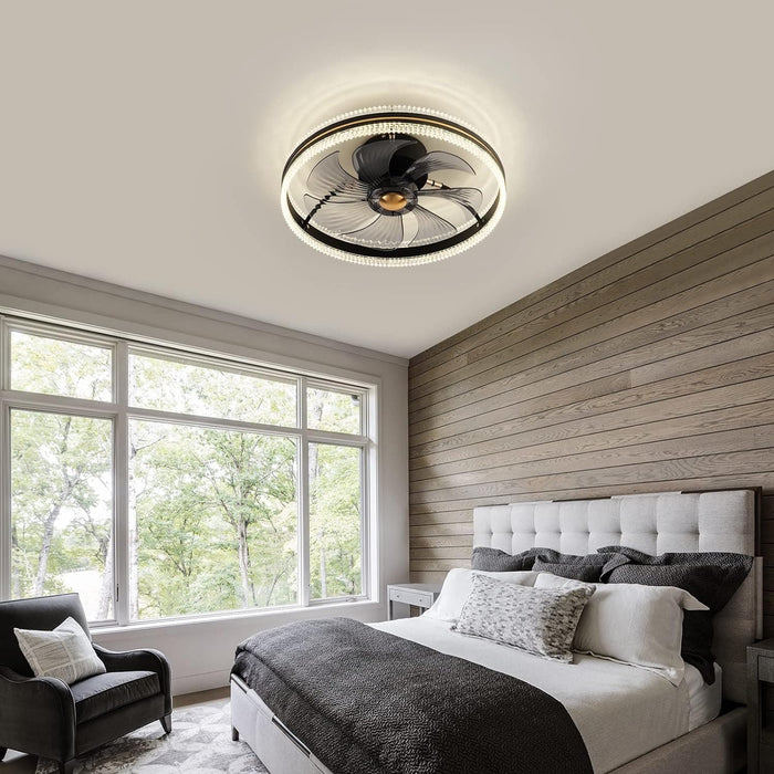 20 in. Modern Black Enclosed Flush Mount Ceiling Fan with Light Remote Control, Bladeless Low Profile Ceiling Fan with Light for Kitchen Bedroom-7-ErisView