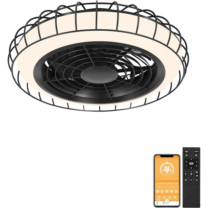 20 in. Modern Ceiling Fan with Light and Remote, Dimmable Flush Mount Low Profile LED Fan Light, Black Bladeless Ceiling Fan for Bedroom Living Room-1-ErisView