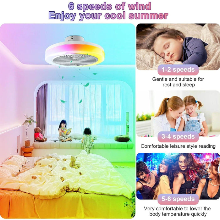 20 in. RGB Ceiling Fans with Lights for Kids Room, Dimmable LED Enclosed Ceiling Fan with Remote APP Control, Modern Flush Mount Ceiling Fan without Blades-2-ErisView