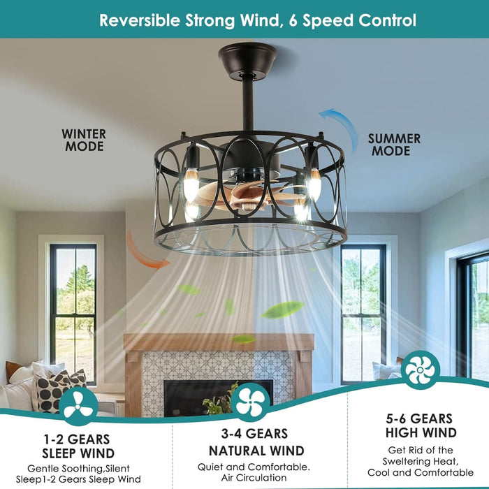 20 in. Small Caged Ceiling Fan with Light, Industrial Farmhouse Bladeless Chandelier Ceiling Fan for Bedroom Living Room Kitchen-4-ErisView