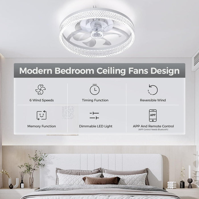 20 in. Smart Ceiling Fan without Blades for Bedroom Kids Room, Modern White Low Profile Flush Mount Ceiling Fan with Light and Remote-2-ErisView