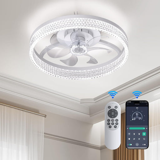 20 in. Smart Ceiling Fan without Blades for Bedroom Kids Room, Modern White Low Profile Flush Mount Ceiling Fan with Light and Remote-1-ErisView