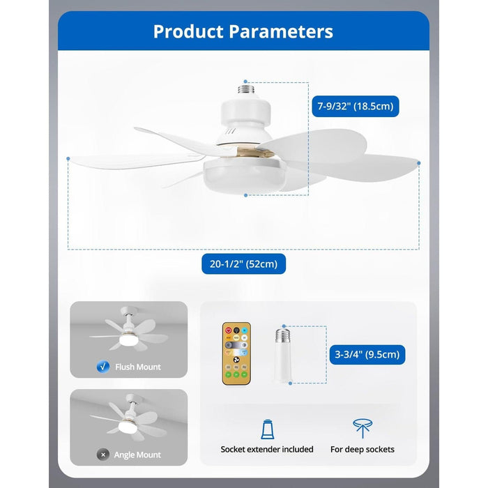 20 in. Socket Remote Control Ceiling Fan and Light, Small Light Socket Fan, Dimmable Mini Ceiling Fan for Bedroom Kitchen Living Room-6-ErisView