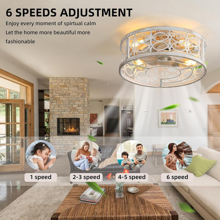 20 in. White Caged Ceiling Fan with Lights and Remote APP Control, Flush Mount Ceiling Fan for Bedroom Kitchen Dining Room Living Room-4-ErisView