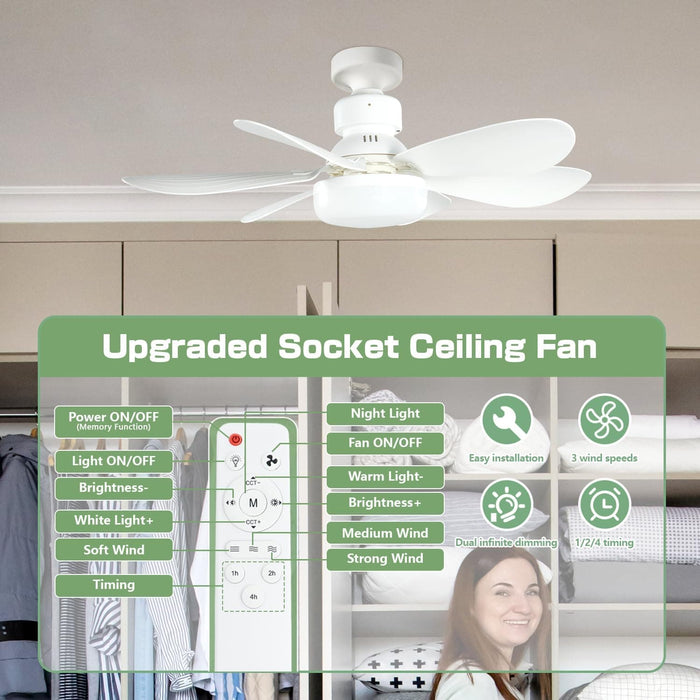 20.5 in. Small Ceiling Fan, Socket Fan Light with Remote, Dimmable LED Cordless Light Socket Fan for Kitchen Bedroom Small Rooms-2-ErisView