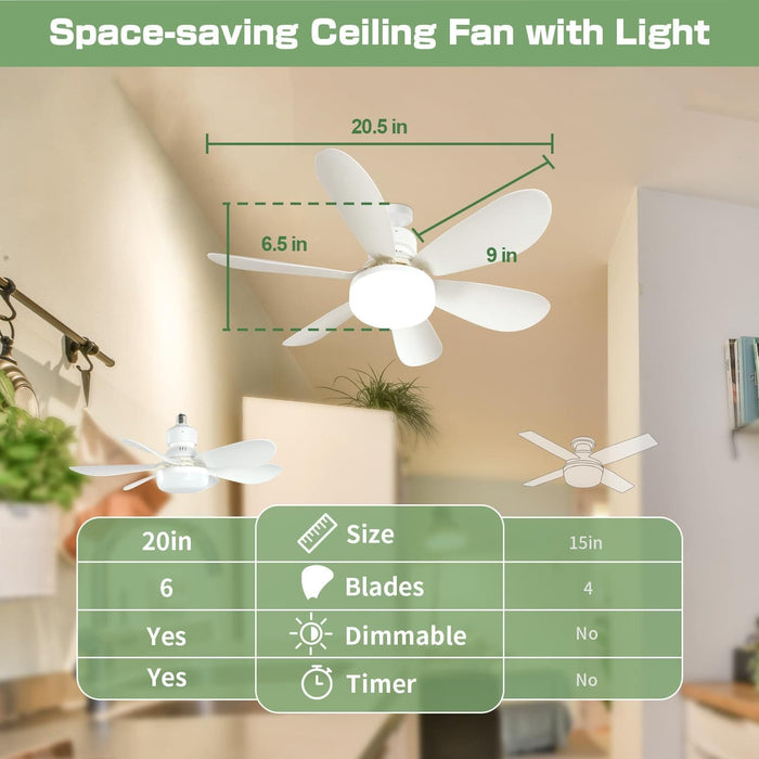 20.5 in. Small Ceiling Fan, Socket Fan Light with Remote, Dimmable LED Cordless Light Socket Fan for Kitchen Bedroom Small Rooms-5-ErisView