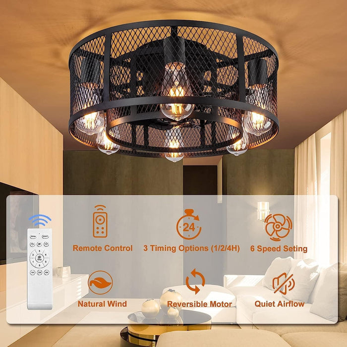 21 in. Farmhouse Flush Mount Caged Ceiling Fan with Light and Remote, Small Bladeless Caged Ceiling Fan for Kitchen Bedroom-2-ErisView