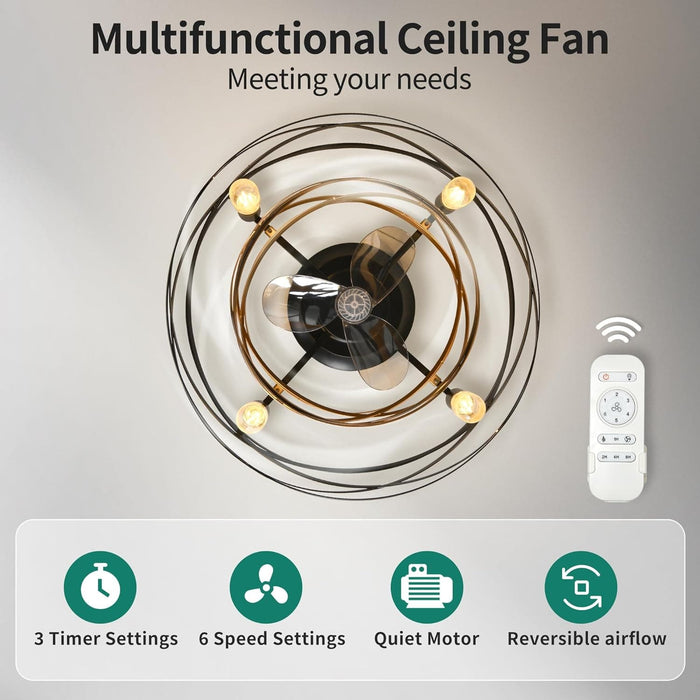 22 in. Bladeless Low Profile Flush Mount Ceiling Fan in Winter Summer, Matte Black Gold Enclosed Caged Ceiling Fan with Lights Remote Control-4-ErisView