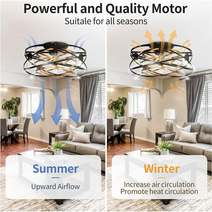 22 in. Bladeless Low Profile Flush Mount Ceiling Fan in Winter Summer, Matte Black Gold Enclosed Caged Ceiling Fan with Lights Remote Control-5-ErisView