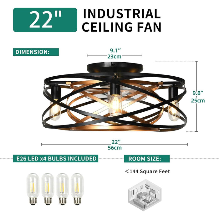 22 in. Bladeless Low Profile Flush Mount Ceiling Fan in Winter Summer, Matte Black Gold Enclosed Caged Ceiling Fan with Lights Remote Control-6-ErisView