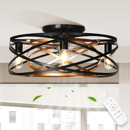 22 in. Bladeless Low Profile Flush Mount Ceiling Fan in Winter Summer, Matte Black Gold Enclosed Caged Ceiling Fan with Lights Remote Control-1-ErisView