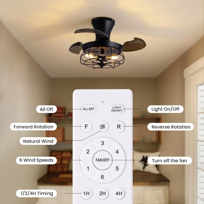 22 in. Caged Retractable Ceiling Fan with Lights and Remote, Black Small Farmhouse Low Profile Flush Mount Ceiling Fan for Bedroom Living Room Kitchen-6-ErisView