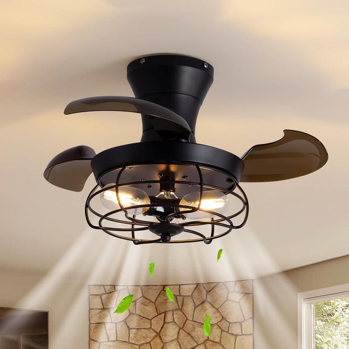 22 in. Caged Retractable Ceiling Fan with Lights and Remote, Black Small Farmhouse Low Profile Flush Mount Ceiling Fan for Bedroom Living Room Kitchen-1-ErisView