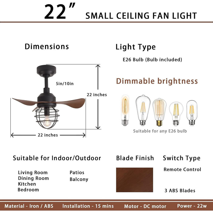 22 in. Farmhouse Rustic Ceiling Fan with Light, Small Dimmable Low Profile Ceiling Fan with 3 Reversible Blades for Indoor Outdoor Use-4-ErisView