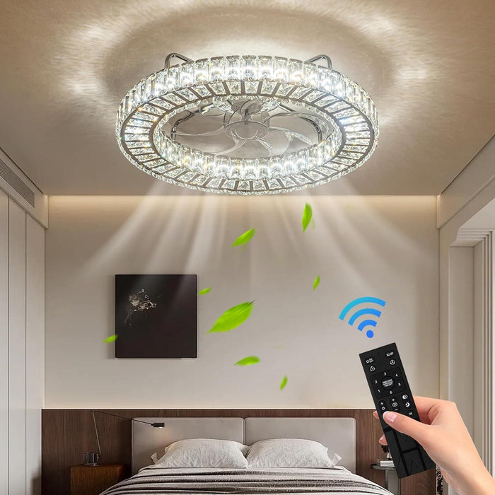 22 in. Modern Ceiling Fan, Silver Flush Mount Bladeless Ceiling Fan with Light and Remote, Industrial Crystal Fan Light for Bedroom Living Room Dining Room-5-ErisView