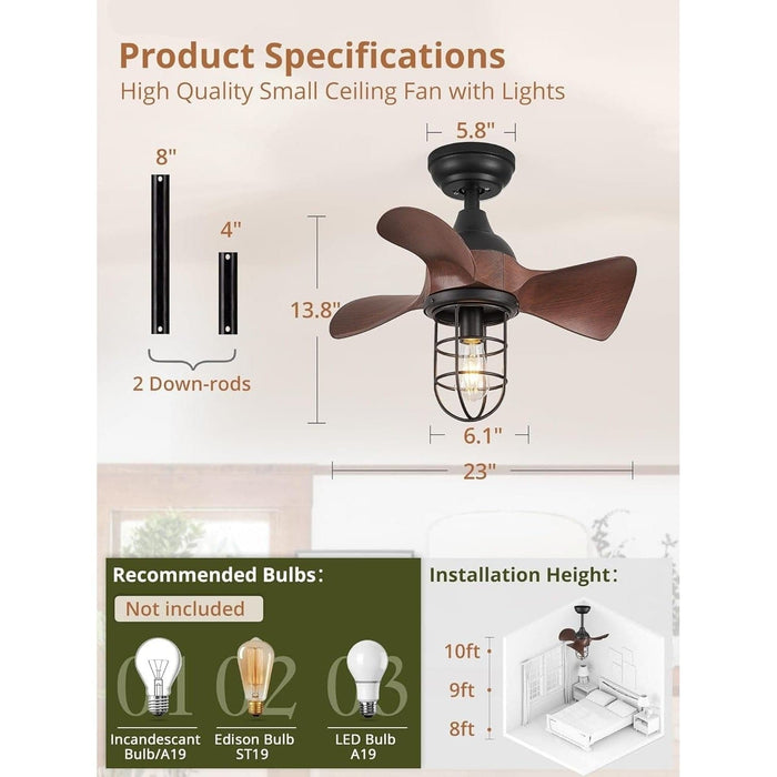 23 in. Small Farmhouse Outdoor Caged Ceiling Fan with Light and Remote Control, 3 Reversible Blades Ceiling Fan for Indoor Outdoor Use-3-ErisView