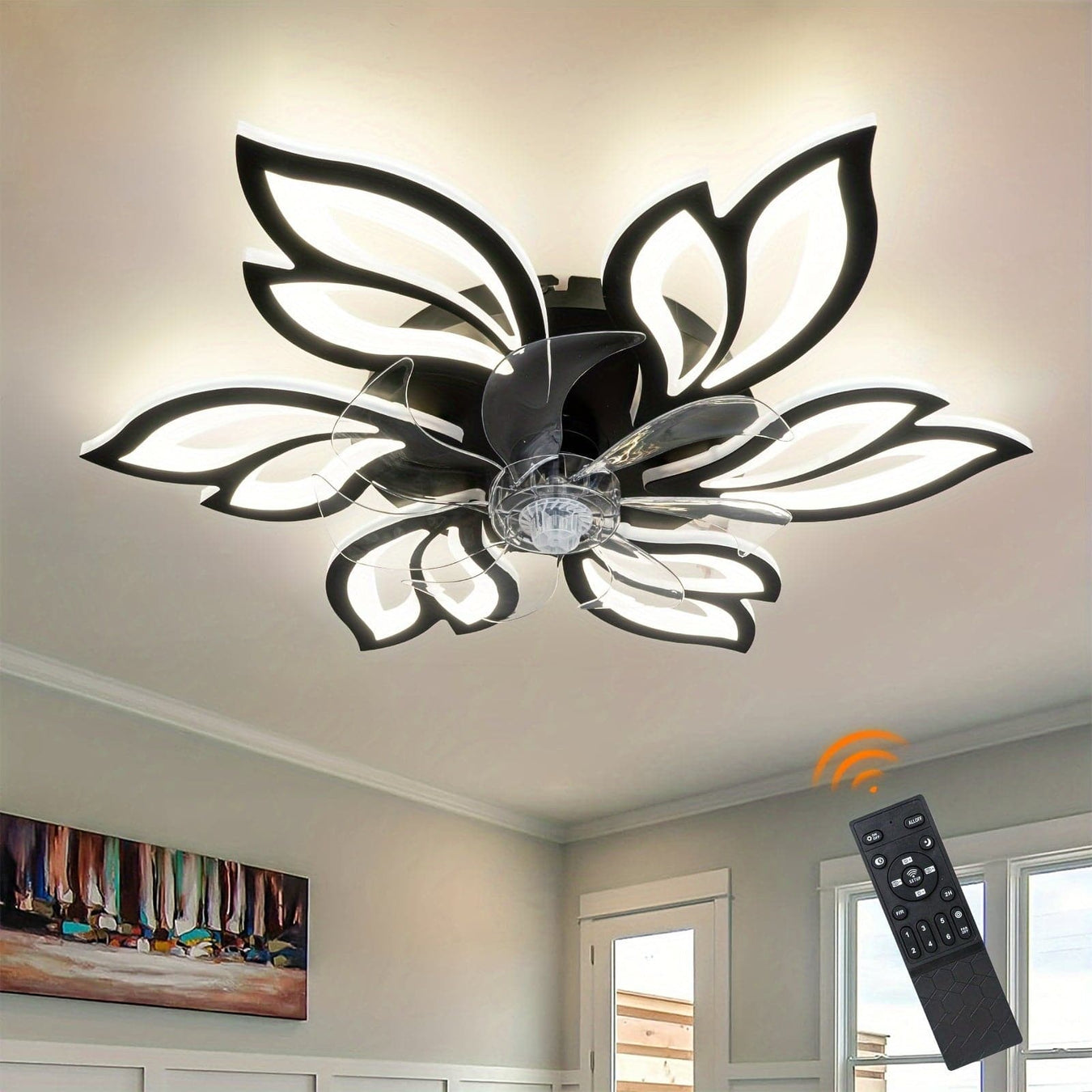 26 in. Modern Flower-Shaped Ceiling Fan with LED Light Remote Control, Low Profile Flush Mount Ceiling Fan, Smart Dimmable Bladeless Ceiling Fan-Black-ErisView