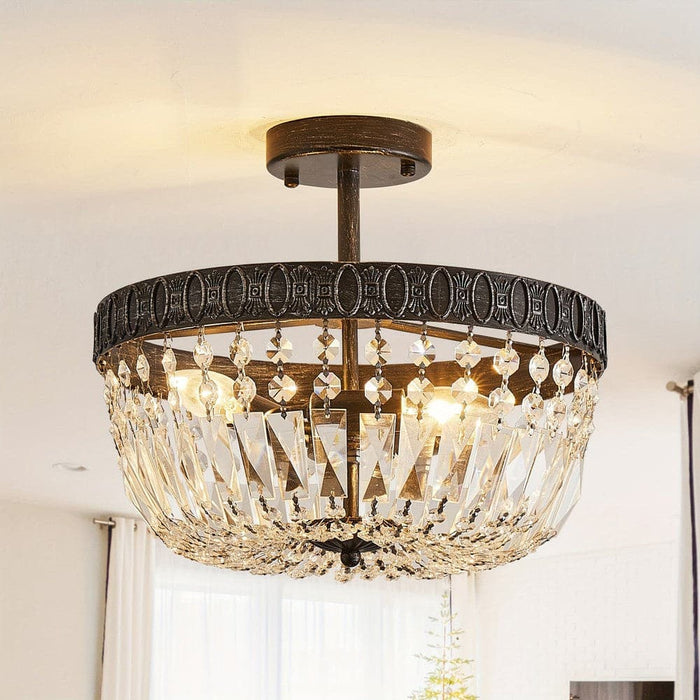 3-Light Bowl-Shaped Semi Flush Mount Ceiling Light Crystal Chandelier Ceiling Light Fixture for Dining Room Kitchen Island Entryway-ErisView