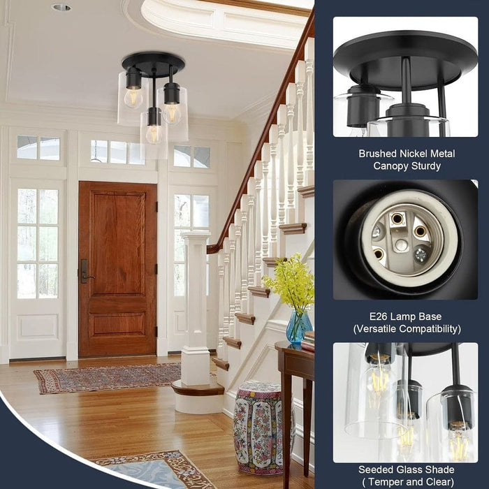 3-Light Cluster Semi-Flush Mount Light with Light Kit Glass Shade for Hallway Front Entryway Bedroom-ErisView