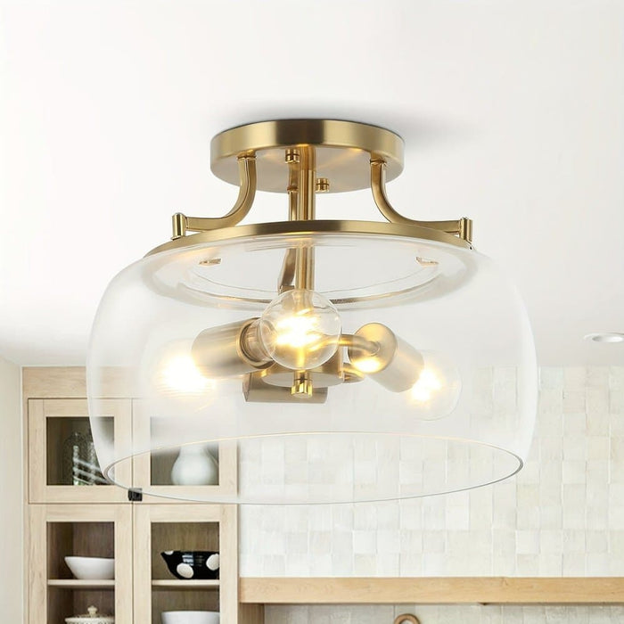 3-Light Dome Shaped Glass Semi Flush Mount Light, Gold Semi Flush Mount Light ErisView