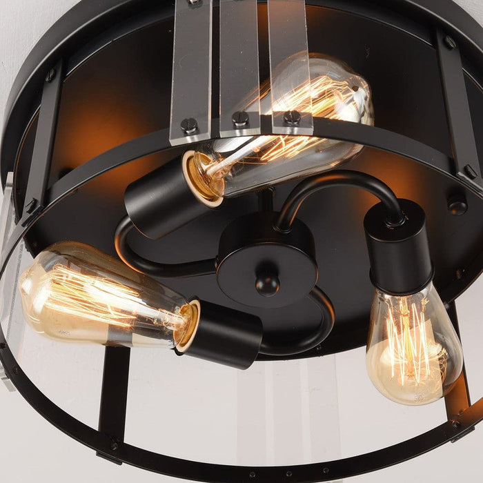 3-Light Drum Shaped Flush Mount Light, IndustrialBlack Flush Mount Light-ErisView