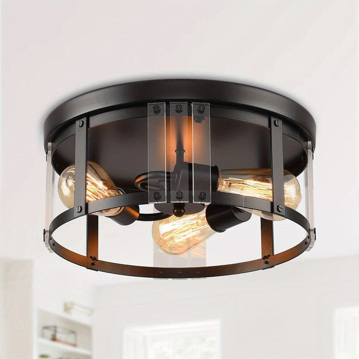 3-Light Drum Shaped Flush Mount Light, IndustrialBlack Flush Mount Light-ErisView