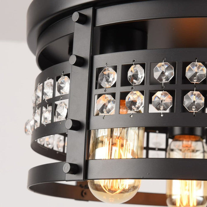 3-Light Industrial Black Drum Shaped Flush Mount Light with Crystal Caged-ErisView