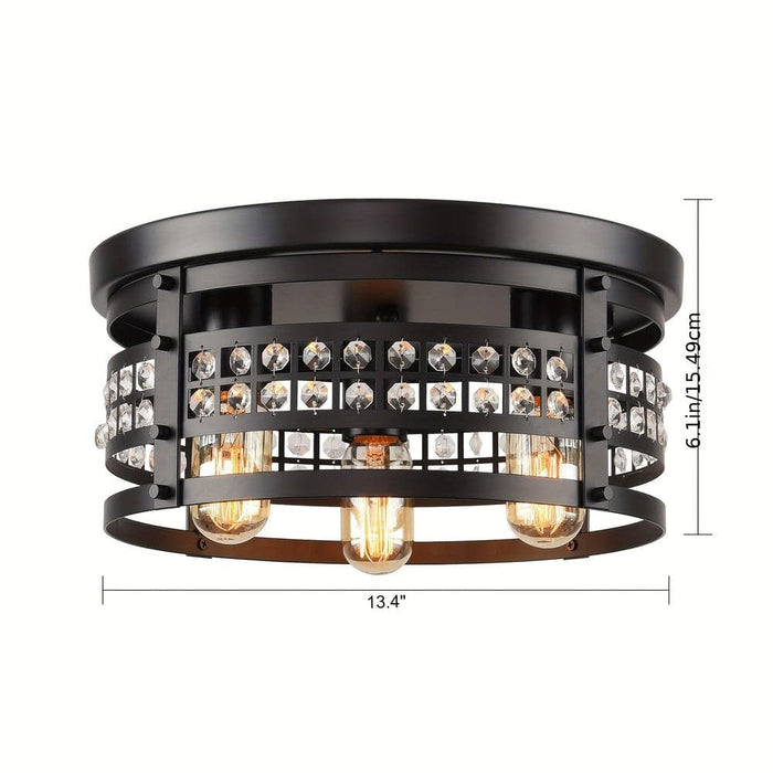 3-Light Industrial Black Drum Shaped Flush Mount Light with Crystal Caged-ErisView