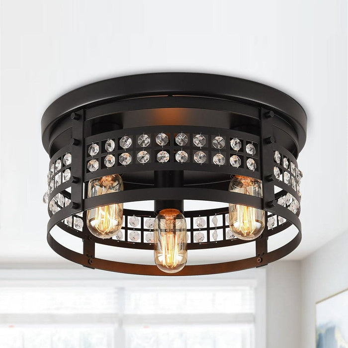 3-Light Industrial Black Drum Shaped Flush Mount Light with Crystal Caged-ErisView