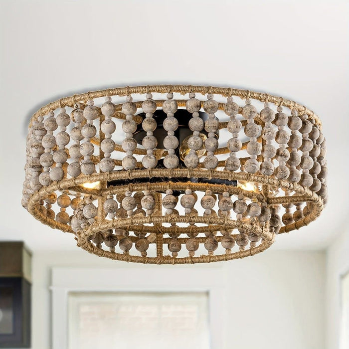 3-Light Wood Flush Mount Light, Low Profile Round Boho Style Flush Mount Light, Wood Beaded Flush Mount Light ErisView