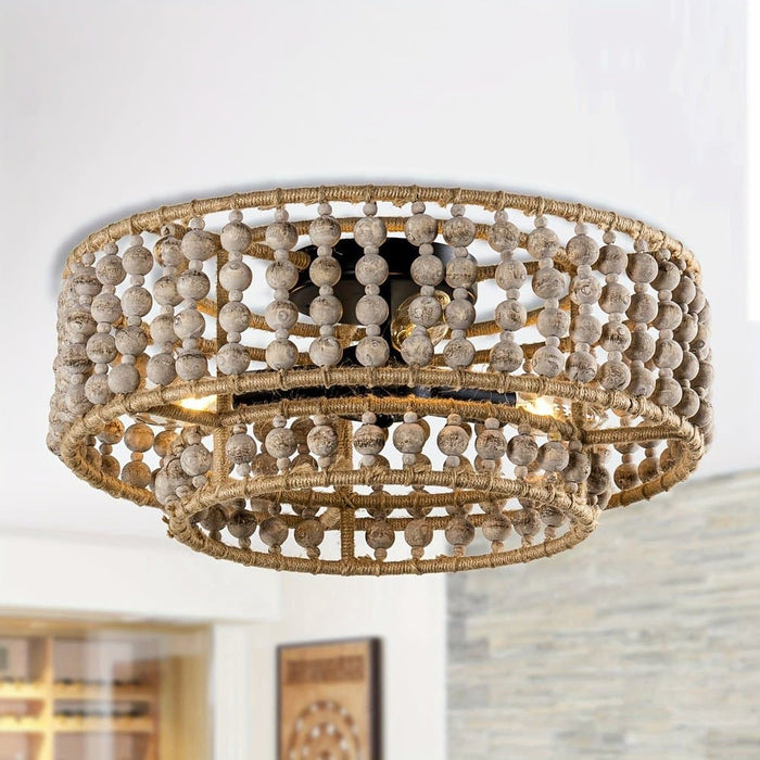 3-Light Wood Flush Mount Light, Low Profile Round Boho Style Flush Mount Light, Wood Beaded Flush Mount Light ErisView