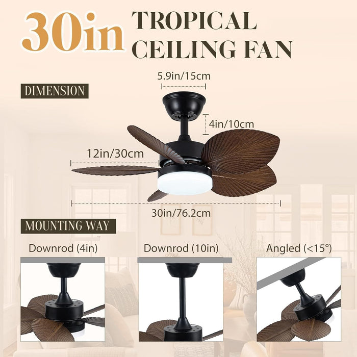 30 in. Tropical Ceiling Fans with Lights, Palm Leaf Ceiling Fan with Remote, Flush Mount Low Profile Ceiling Fan for Bedroom Kitchen Living Room-2-ErisView