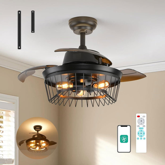 36 in. Black Industrial Ceiling Fans for Living Room Bedroom Kitchen Patio, Retractable Blade Ceiling Fan with Light and Remote-1-ErisView