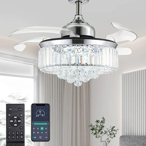 36 in. Chrome Dimmable Fandelier Crystal Ceiling Fan with Lights and Remote, Modern Fan with Light, Retractable Chandelier Fan, LED Ceiling Fan Light-1-ErisView