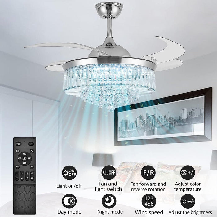 36 in. Crystal Ceiling Fan with LED Lights Remote, Modern Fandelier for Bedroom Living Room, Indoor Retractable Invisible Decorative Ceiling Fan-6-ErisView