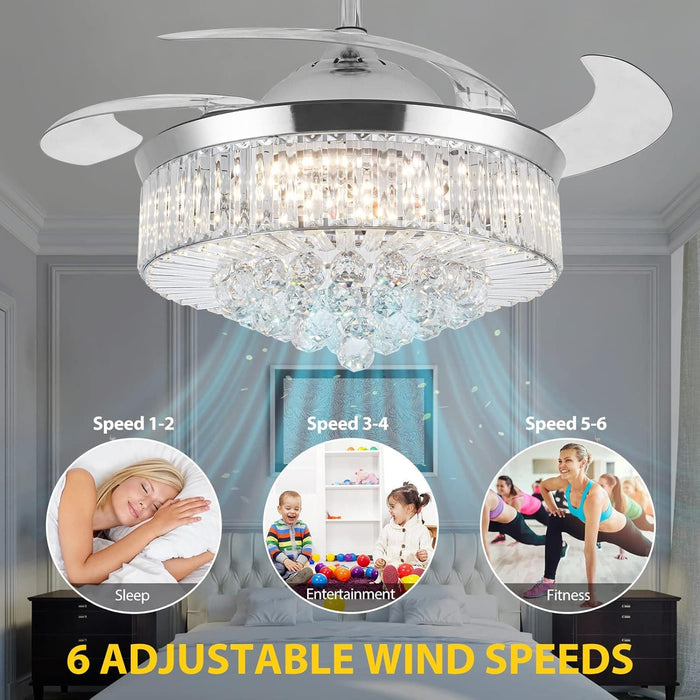 36 in. Crystal Ceiling Fan with LED Lights Remote, Modern Fandelier for Bedroom Living Room, Indoor Retractable Invisible Decorative Ceiling Fan-7-ErisView