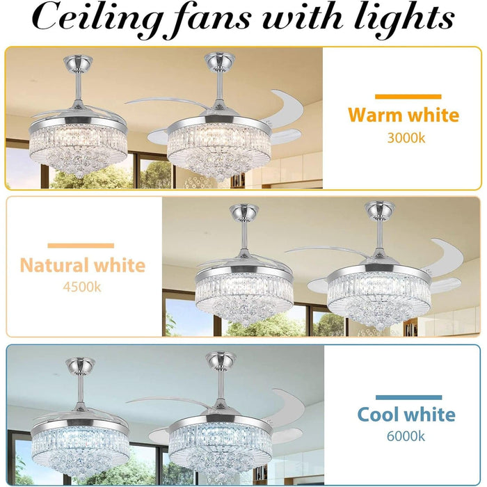 36 in. Crystal Ceiling Fan with LED Lights Remote, Modern Fandelier for Bedroom Living Room, Indoor Retractable Invisible Decorative Ceiling Fan-9-ErisView