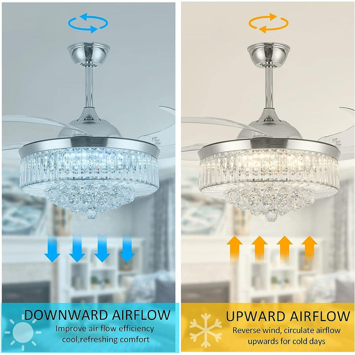 36 in. Invisible Ceiling Fan Chandelier, Modern Crystal Ceiling Fan with Light and Remote for Bedroom Living Room Dining Room, Decorative Ceiling Fan-4-ErisView