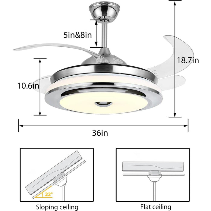 36 in. Retractable Ceiling Fan with Lights and Remote, Modern Ceiling Fan with LED Light, Dimmable Fandelier for Bedroom Living Room Dining Room-2-ErisView