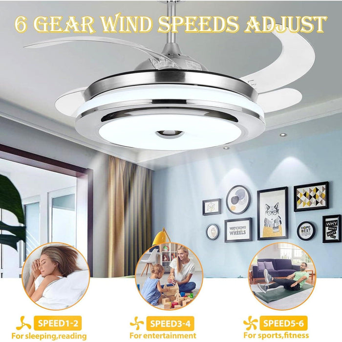 36 in. Retractable Ceiling Fan with Lights and Remote, Modern Ceiling Fan with LED Light, Dimmable Fandelier for Bedroom Living Room Dining Room-4-ErisView