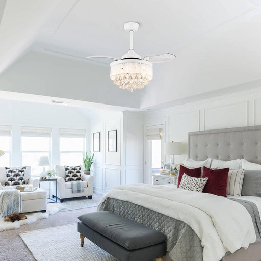 36 in. White Crystal Chandelier Ceiling Fan, Remote Control Ceiling Fan and Light for Bedroom, Retractable Blade Ceiling Fan with Light-3-ErisView