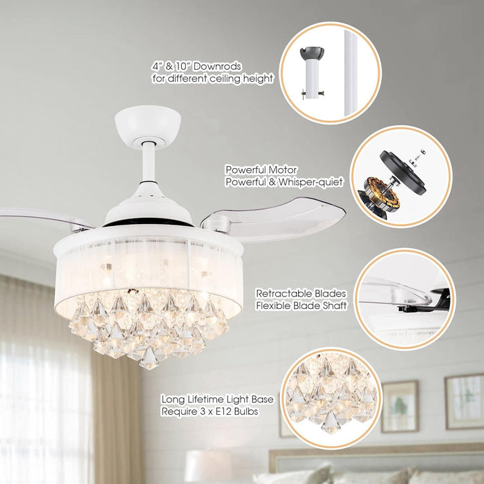 36 in. White Crystal Chandelier Ceiling Fan, Remote Control Ceiling Fan and Light for Bedroom, Retractable Blade Ceiling Fan with Light-4-ErisView