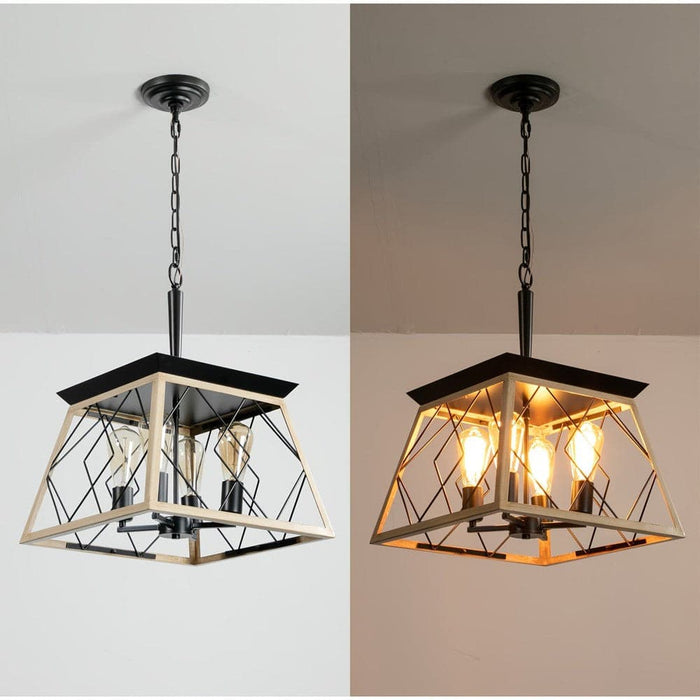 4-Light Brown Pendant Light with Square Cage, Farmhouse Geometric Dimmable Hanging Pendant Light-ErisView